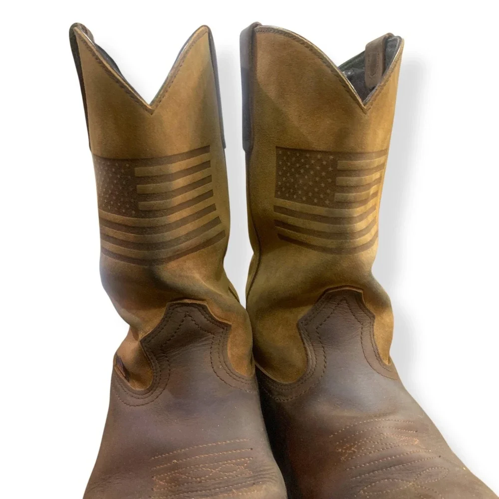 Thorough Bred Mens Work Boots 13D Brown Leather Steel Toe American Flag Made USA